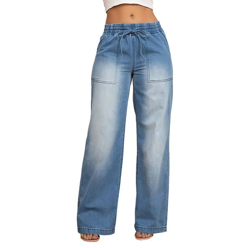 👕 Women's Drawstring Waist Wide-Leg Denim Jeans