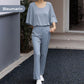 💖Set pantaloni imprimați și top cu gât rotund pentru femei