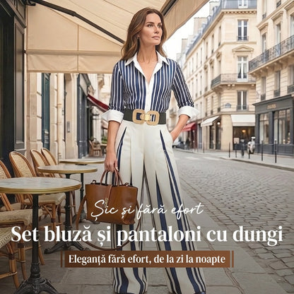 ⏰Set din două piese pentru femei: cămașă în dungi și pantaloni cu croi larg