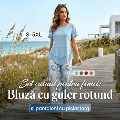 💝Set din două piese pentru femei – rochie asimetrică în straturi + pantaloni largi cu imprimeu