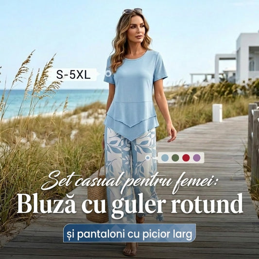 💝Set din două piese pentru femei – rochie asimetrică în straturi + pantaloni largi cu imprimeu