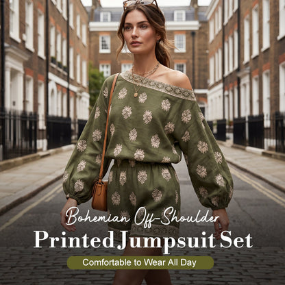 🔥 Costum jumpsuit cu umerii goi, model boem, imprimeu