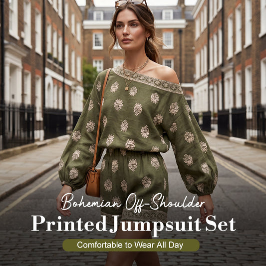 🔥 Costum jumpsuit cu umerii goi, model boem, imprimeu