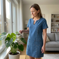 Rochie din denim pentru femei, cu decolteu în V