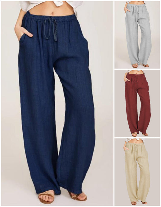 Pantaloni largi de vară din bumbac și in pentru femei