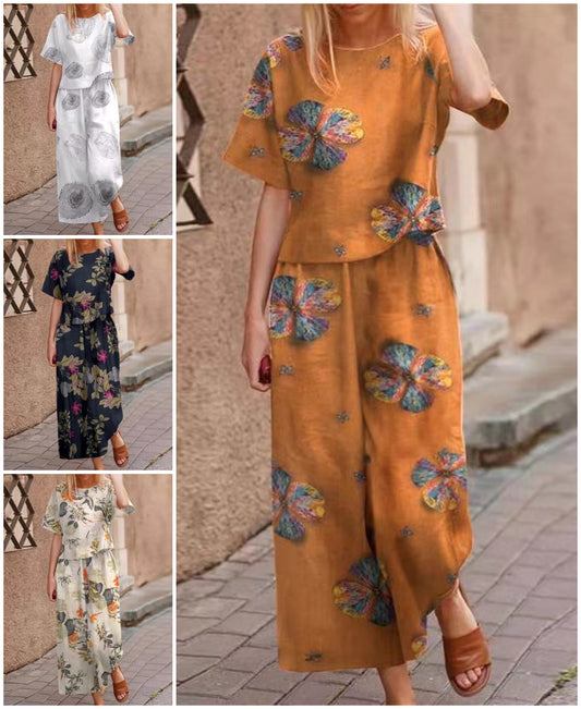 Set din două piese pentru femei: bluză largă cu imprimeu și pantaloni