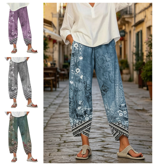 Pantaloni pentru femei cu imprimeu floral vintage, croi evazat