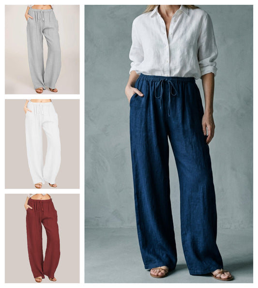 Pantaloni largi de vară din bumbac și in pentru femei