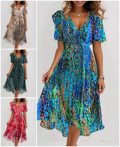 🔥 Rochie elegantă cu decolteu în V șifon imprimat✨