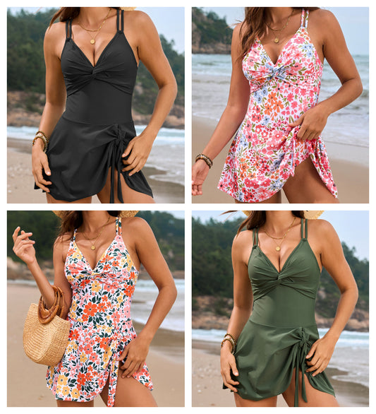 Costum de baie integrat cu fustă și twist în față