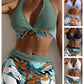 Leaf Print Halter V-Neck Two-Piece Swimsuit