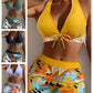 Leaf Print Halter V-Neck Two-Piece Swimsuit