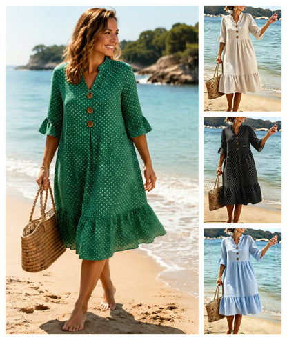 Rochie de vară pentru femei cu buline și mâneci cu volane