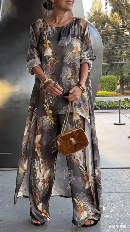 Set din două piese pentru femei, din șifon, cu imprimeu vintage