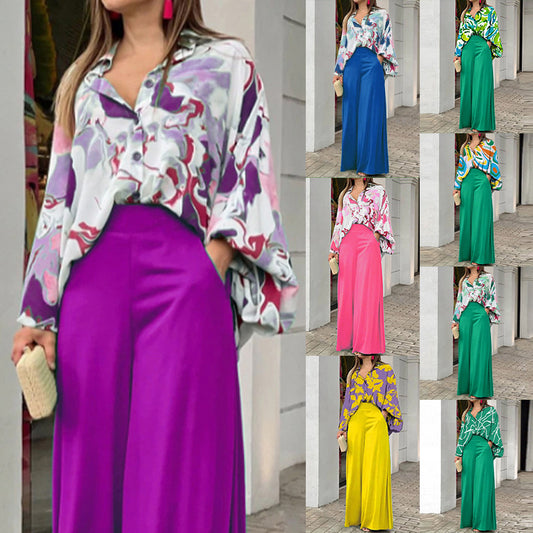 Set de bluză imprimată pentru femei și pantaloni cu talie largă