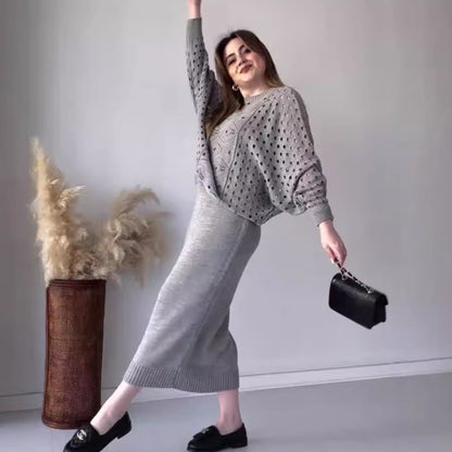 📦Livrare gratuită📦Set tricot Openwork cu mânecă lungă și rochie fără mâneci