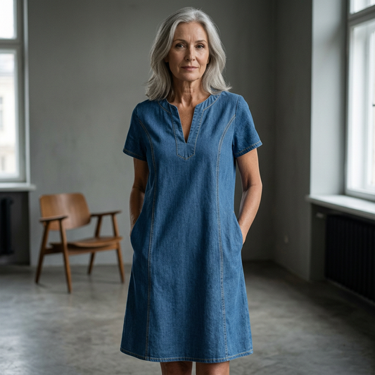 Rochie din denim pentru femei, cu decolteu în V