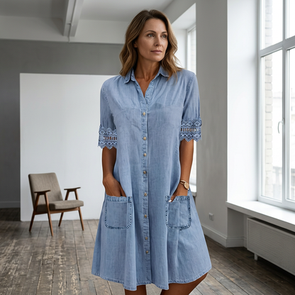 Rochie casual din denim pentru femei, cu croială largă și buzunare