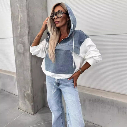 💕Femeii Stratificat Hoodie Denim Jacket cu cordon