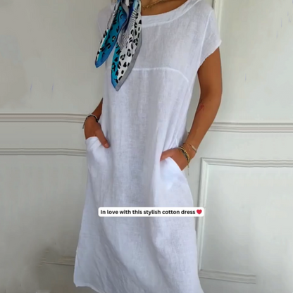 🌼Rochie din in pentru femei cu gât rotund și mâneci scurte