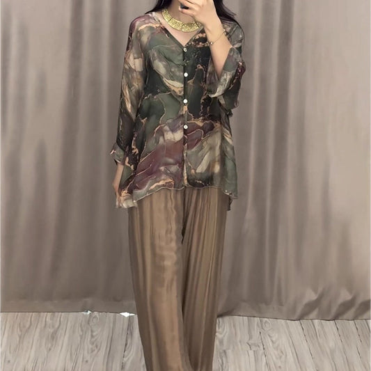 🌺Top imprimat cu mânecă lungă + pantaloni (set din două piese)