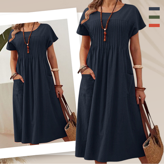👗【S-4XL】Rochie plisată pentru femei cu mâneci scurte și buzunare
