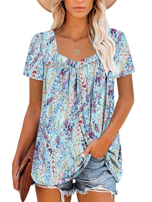 🔥Vânzare fierbinte de vară 49% OFF🌸Femei de vară plisat imprimate mâneci scurte👚