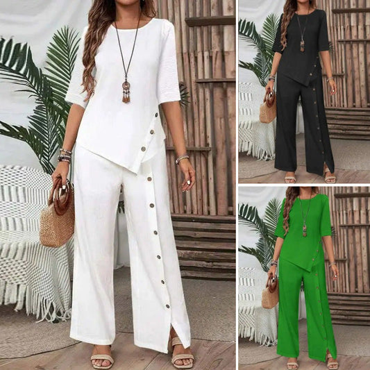 💖Top cu tiv neregulat pentru femei și pantaloni cu picior larg, set din două piese