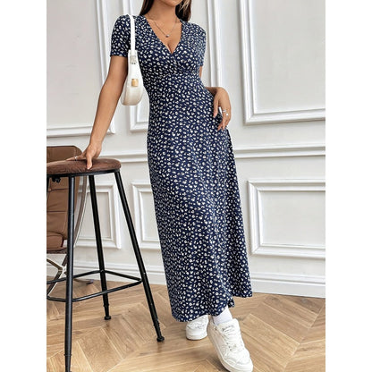 Rochie maxi casual cu decolteu V cu model floral pentru femei