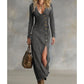 👗Esențiale de modă: 60% reducere pentru o perioadă limitată🔥 Women's Long Sleeve V-Neck Maxi Dress – Soft Fabric, Bodycon Fit & Elegant High Slit 💫💃