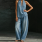 Set casual pentru femei compus din un top cu gât halter și pantaloni cu croi larg