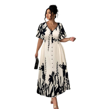 🌹🦋Rochie midi elegantă cu decolteu în V și imprimeu botanic✨