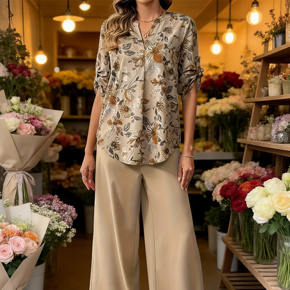 Set de bluză florală și pantaloni largi pentru femei, în 2 piese