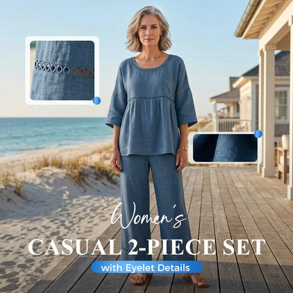Set de două piese din bumbac și in, pentru femei, în stil casual