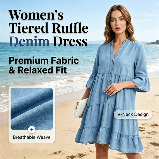 Rochie de cămașă din denim cu volane în cascadă pentru femei