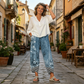 Pantaloni pentru femei cu imprimeu floral vintage, croi evazat