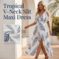 Rochie Maxi cu Umăr Descoperit și Imprimeu Tropical, Cu Fantă