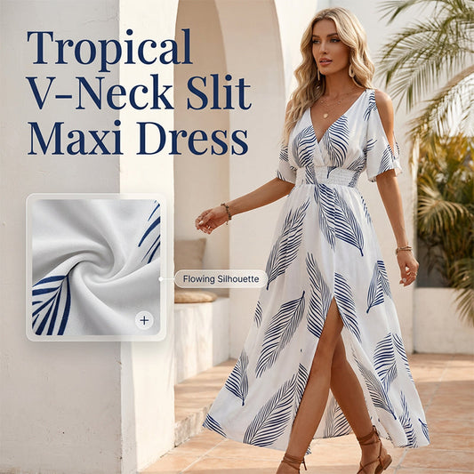 Rochie Maxi cu Umăr Descoperit și Imprimeu Tropical, Cu Fantă