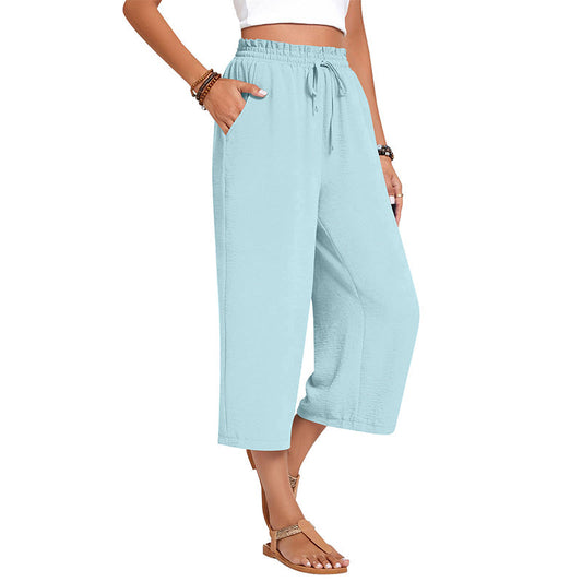 Pantaloni Capri din bumbac și in pentru femei, cu picior larg