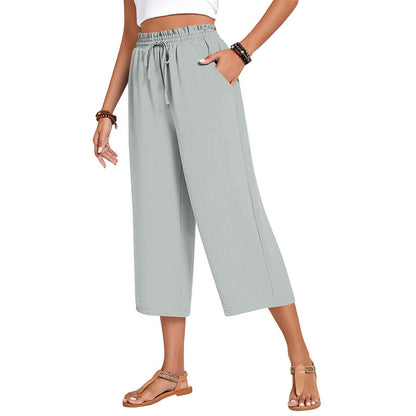 Pantaloni Capri din bumbac și in pentru femei, cu picior larg