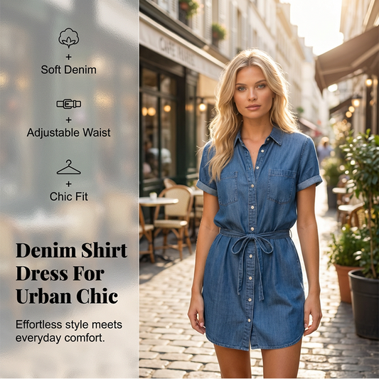 Rochie de cămașă din denim casual pentru femei, cu talie ajustabilă prin șnur