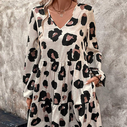 Rochie fluidă pentru femei, cu imprimeu leopard și decolteu în V