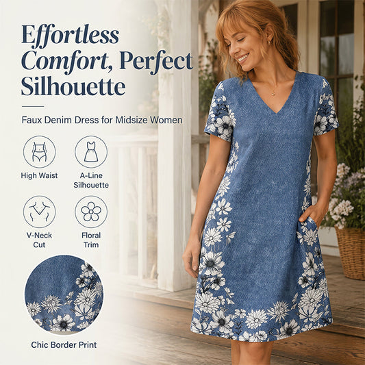 Rochie pentru femei cu decolteu în V, imprimeu denim