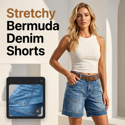 🩳 Șorturi Denim Bermuda pentru Femei, Talie Medie, cu Buzunare