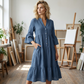 ✨ Rochie midi în linie A din material texturat, culoare uni