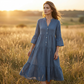 ✨ Rochie midi în linie A din material texturat, culoare uni