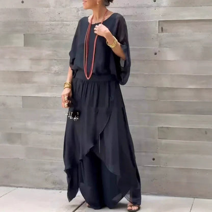 ✨ 👖 Set din 2 Piese Chiffon cu Top Lejer și Pantaloni Evazați cu Croială Laterală