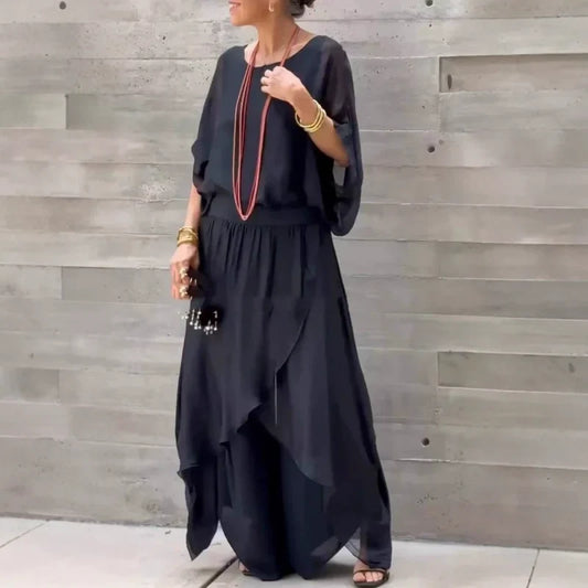 ✨ 👖 Set din 2 Piese Chiffon cu Top Lejer și Pantaloni Evazați cu Croială Laterală