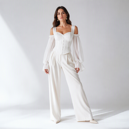 ✨ Women's Cold Shoulder Floral Jacquard Top – Elegant Corset Fit With Romantic Lantern Sleeves 🌸