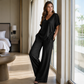 👖 Set de top cu decolteu în V și pantaloni evazați, casual, pentru femei